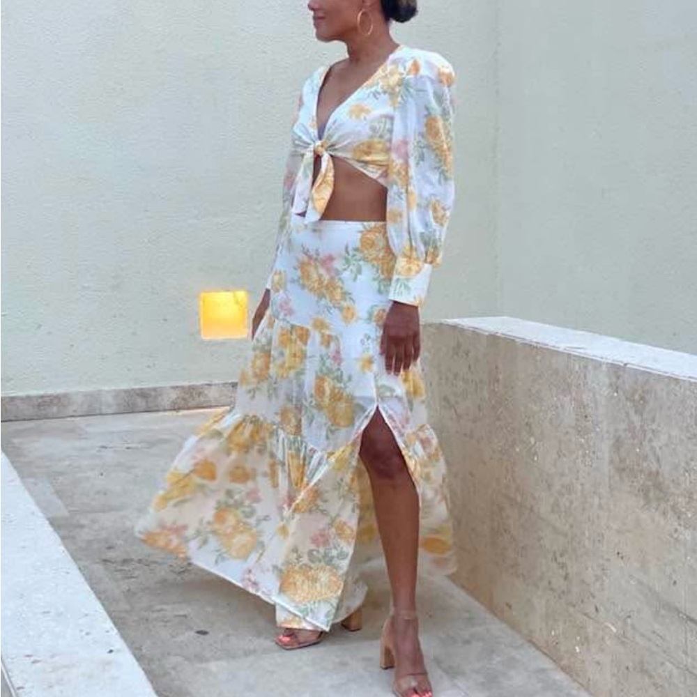 Anthropologie Wayf boho Floral Maxi Skirt & Tie Front cropped Top Set